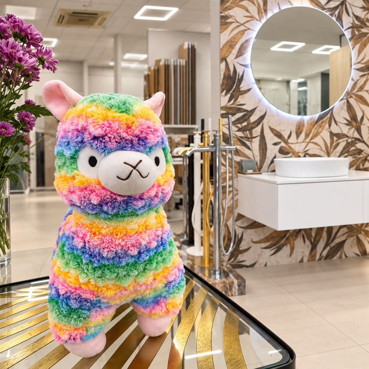 Detaliu cu oglinzi și gresie decorative expuse în showroom
